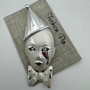 Vintage 80s Sad Clown Face Brooch Pin Glitter Tear Harlequin Mime Hat
